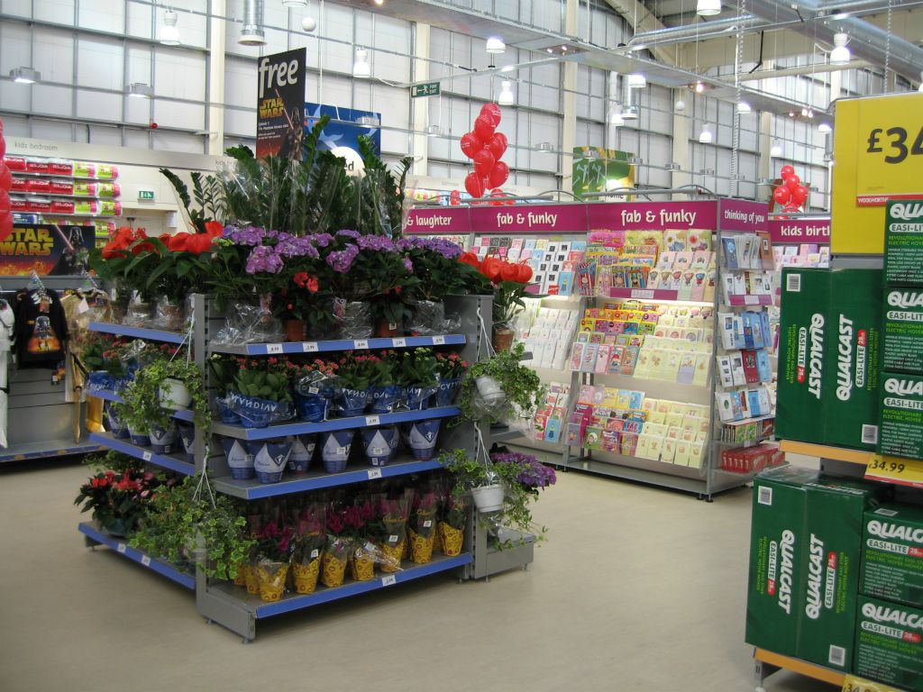 A feature display of house plants was placed next to the cards as part of the gift offer at Woolworths out-of-town (2005)