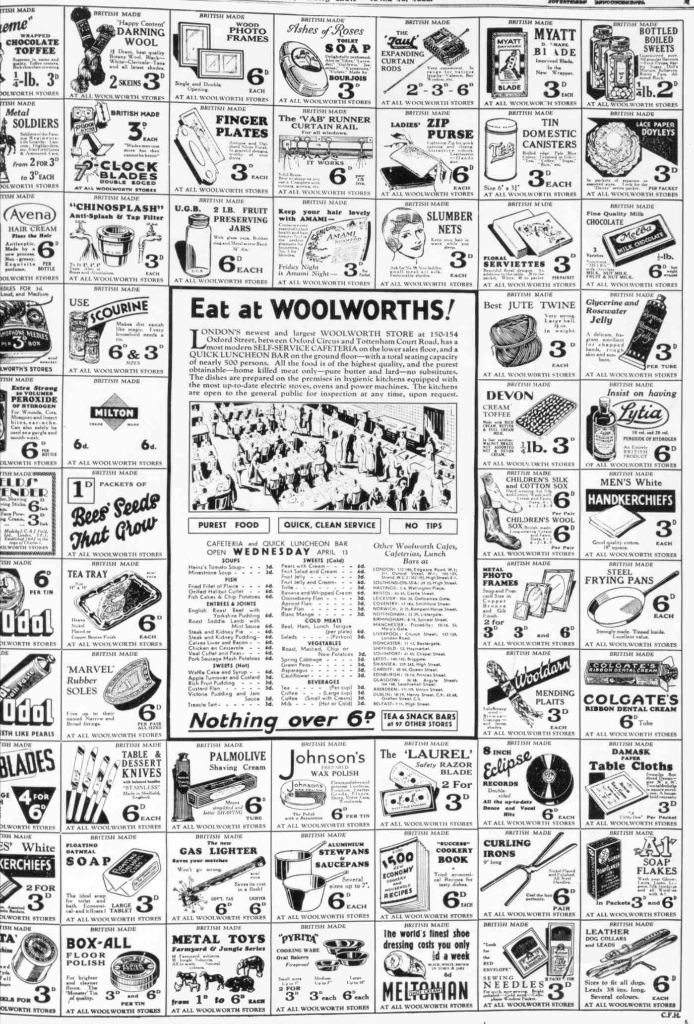 From the Daily Mail in 1931, a full page advertisement ostensibly promoting a new store in London's Oxford Street, which also served to boost the shares of the newly-listed Woolworth business in the British Isles