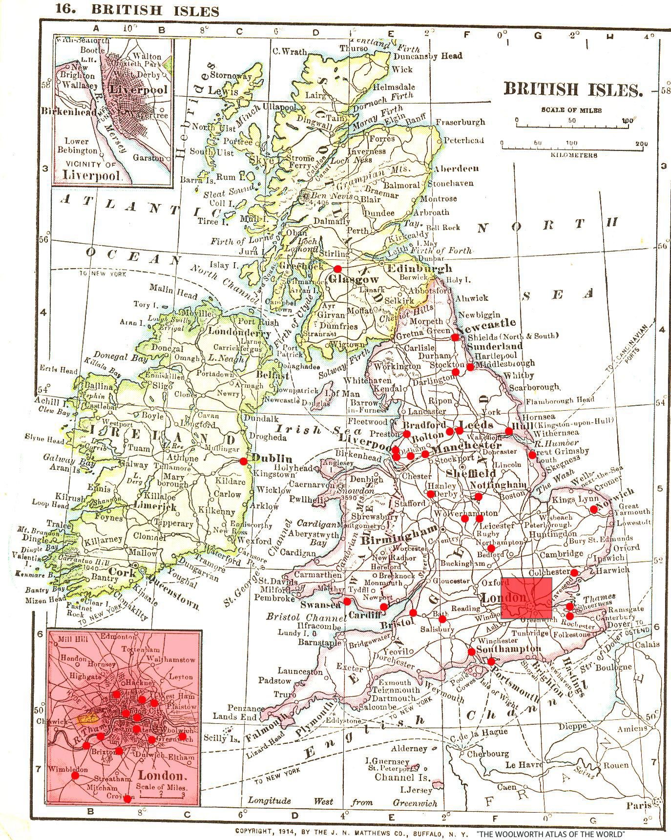 Map showing the locations of the first 44 Woolworth stores across the British Isles. These branches opened between 1909 and 1914.  Adapted from "The Woolworth Atlas of the World" (1914)  published for the company by J.N. Matthews Co. of Buffalo, NY.