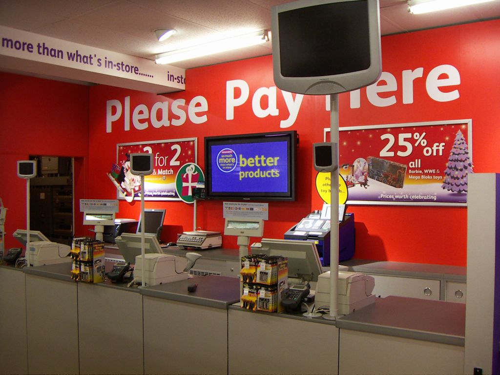 Despite its success elsewhere, designers forewent the zig zag style of checkout used in larger stores, preferring the traditional desktop arrangement in Kingswood, near Bristol.