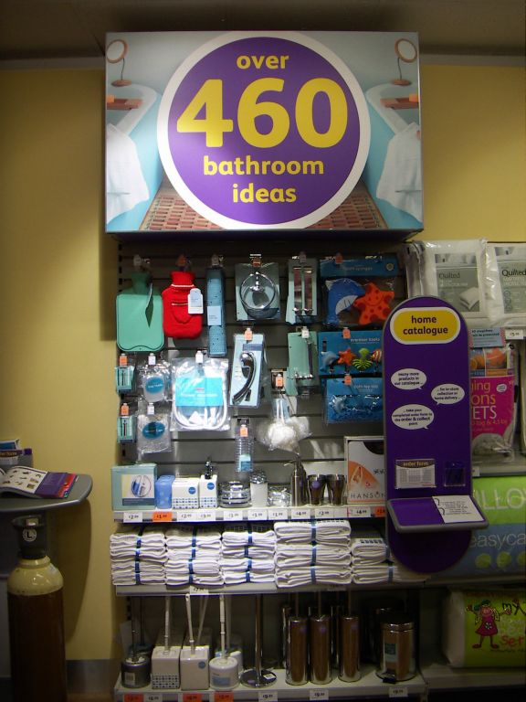 Bathroom accessories on display in the Kingswood, Bristol Woolworths in 2005. Extra items were also available to order from the catalogue on the right