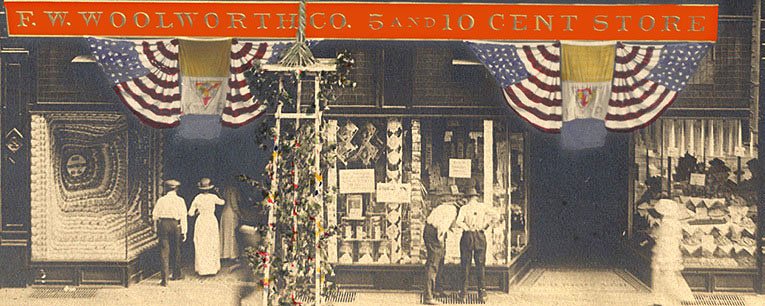 A Woolworth 5 & 10¢ Store dressed with flags and bunting to mark the end of the First World War
