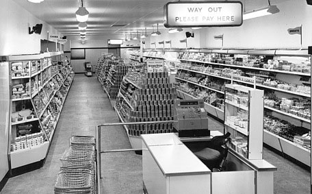 Self-service food halls were progressively added to city centre Woolworth stores in the 1960s. This example is from Gloucester.