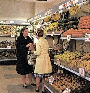 A personal service display of fresh fruit and vegetables was one of the new ideas introduced into the Woolworth store in Harlow New Town, Essex when it moved into much larger premises in 1967.  After a big push in the Sixties the Board concluded that sales were insufficient and scaled back the offer from 1971 onwards, ultimately restricting it to Woolco stores only.