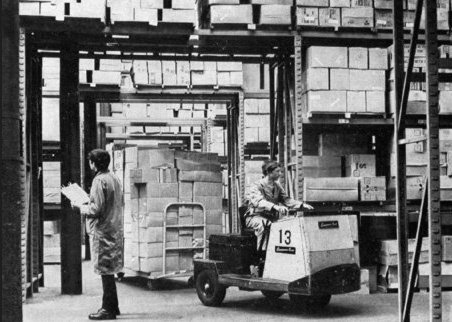 A forklift truck in operation in the Castleton Distribution Centre in the late 1960s