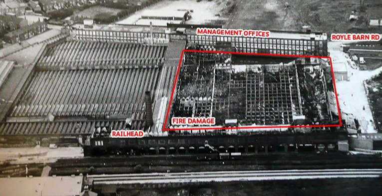 An aerial view of the damage to the F.W. Woolworth Warehouse in Castleton, Rochdale after the 1971 fire