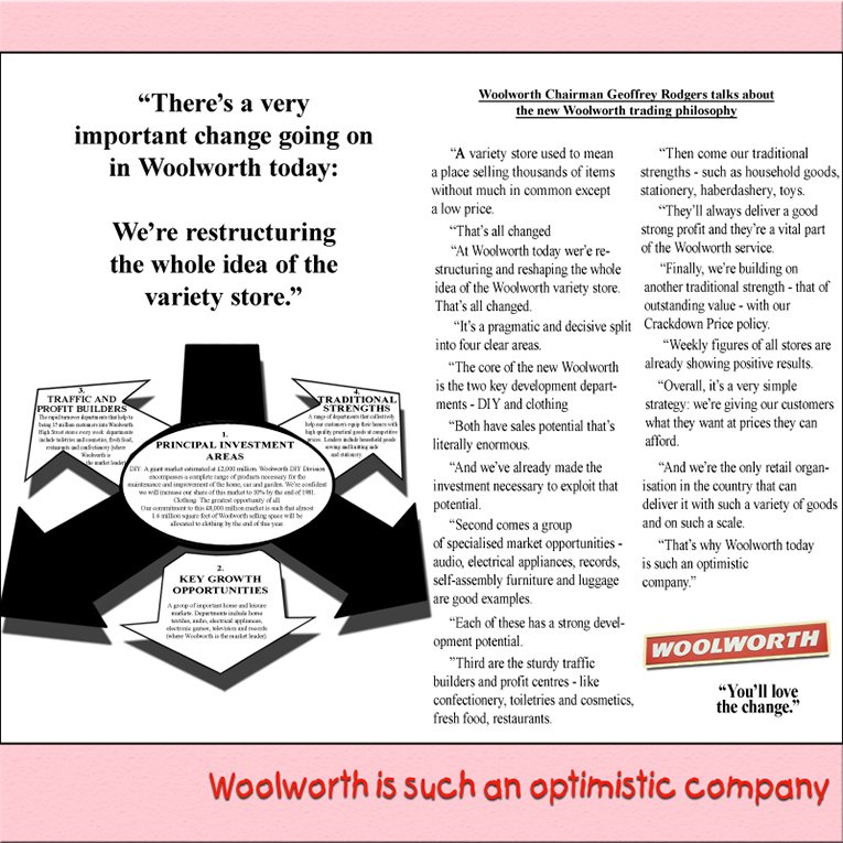 The original Woolworth strategy for the 1980s, by Company Chairman Geoffrey Rogers. This was prepared in 1979 as the Board negotiated to buy the DIY retailer B&Q and released at the beginning of the new decade, once the acquistion was complete.