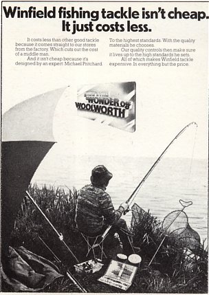 An advertisement for Winfield Fishing Tackle from the 1970s. The advertising strapline "Winfield Fishing Tackle isn't cheap, it just costs less." helped to establish the range as the UK market leader