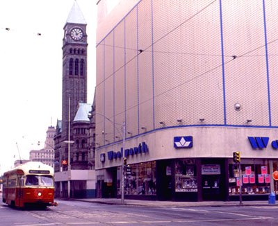 The F.W. Woolworth store in Toronto, Canada, sporting the chain's shortlived blue fascia in 1982