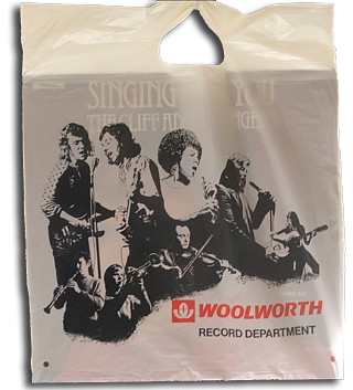 A line drawing of the stars of the 1970s on a Woolies 12"x14" (30x35cm) record carrier bag