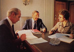Geoffrey Rodgers (Joint MD), Pat Downs (Personnel Director) and Keith Willoughby (Store Operations Director) at a Board Sub-Committee meeting in 1979