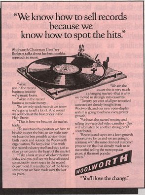 A 1981 corporate advertisement targeted at investors highlighting the strengths of Woolworth music offer