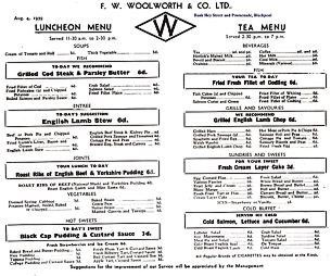Menu from the Woolworths Restaurant and Blackpool from August 4th, 1939. Click the image for a full screen, legible version. Many items are threepence with the most expensive main course dishes including Roast Beef and Yorkshire Pudding just sixpence (2½p)
