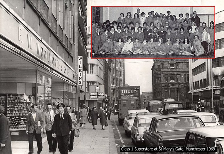 A typical large Woolworth store in the 1960s - the superstore in St Mary's Gate, Deansgate, Manchester (Store 230). Inset there is a team photograph of the full store staff.