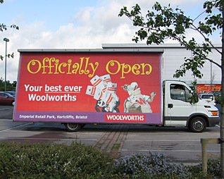 Best ever Woolworths? A mobile advert for the new look '20/20' store at Imperial Park, Hartcliffe, Bristol (Image: David Austen)