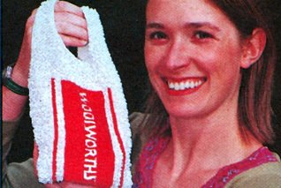 Trendy Handbag Designer Anya Hindmarch shows off her latest creation - a sequined Woolworths bag - a snip at £370!  The bags were offered in seven shops around the world, including New York and Paris