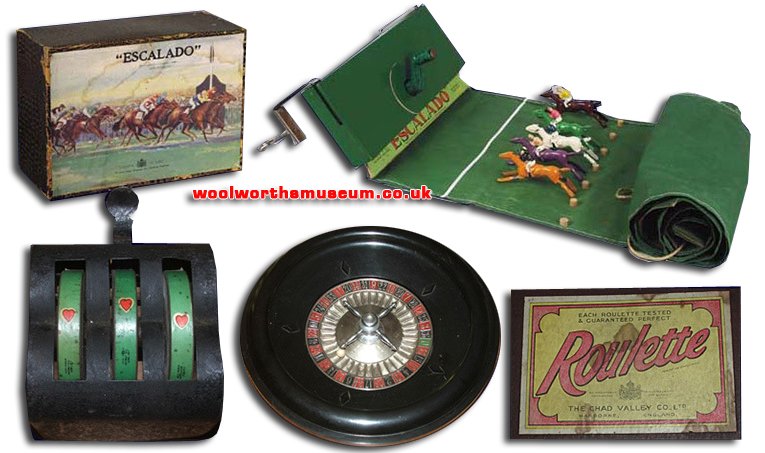 1930s vices for the gentry from Chad Valley. Escalado horse racing, a mechanical fruit machine and a perfectly-weighted bakelite roulette wheel. Each product bears the Royal Warrant 'Chad Valley Co. Ltd., Toymakers to H.M. The Queen'