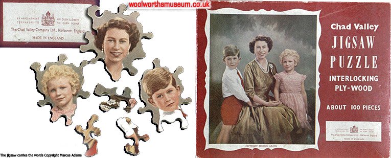 Their Royal Highnesses Prince Charles and Princess Anne posed for the picture featured on this Chad Valley jigsaw puzzle alongside the new Queen, Her Majesty Queen Elizabeth II in 1952.  The portrait picture is Copyright Marcus Adams, 1952