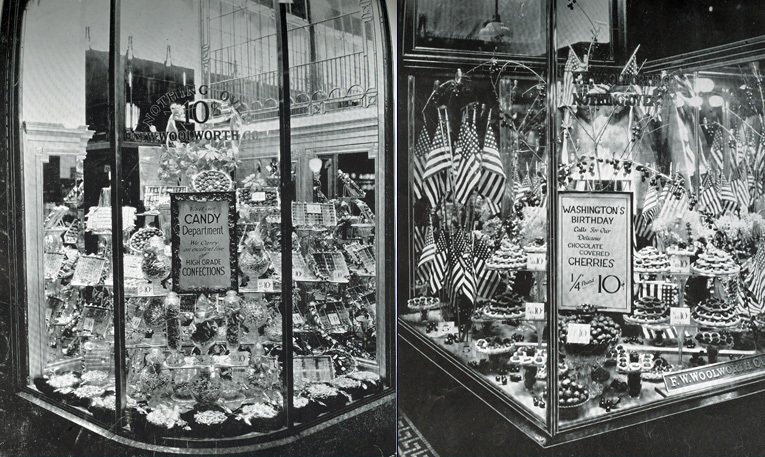 George Washington's birthday was the inspiration for these elaborate displays of candy in the F. W. Woolworth stores at Atlantic City (left) and Baton Rouge (right) in 1926