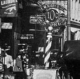The decorative sign showing the entrance of the F.M. Kirby Five and Ten Cent Store in Columbus, Ohio, pictured in around 1895.