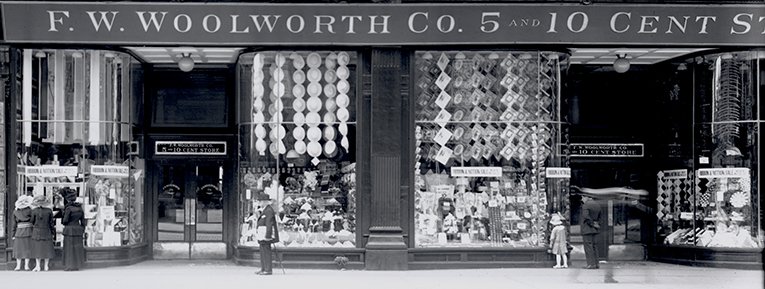 The windows of F.W. Woolworth Co's store at 22 East 14th Street in New York City show off the 5 & 10¢'s new range of American-made threads, needles and notions. The Founder had evangelised mass-manufacture in the USA to maintain stocks after U-boats cut his supply line to factories in London and Berlin