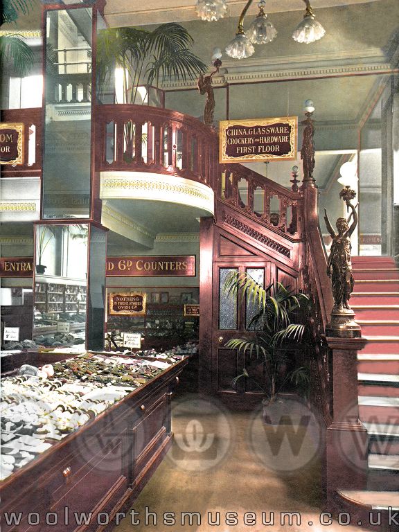 The luxurious interior of the first British Woolies owed much to the hat shop which had previously occupied the premises. Here we see the grand staircase to the upper salesfloor.