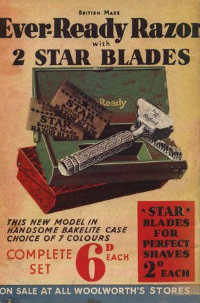 The back to cover of Woolworths' Good Things To Know Magazine, featuring an advertisement for one of the firm's best selling lines, an Ever-Ready Razor complete with two Star blazed, in handsome bakelite in a choice of seven colours - all for sixpence (2½p)