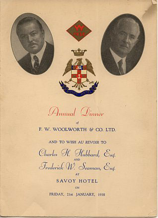 Commemorative Programme from the Annual Dinner celebrating the retirement of Charles H. Hubbard, Managing Director of the British Woolworths in January 1938.