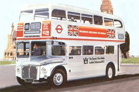 Corporate ID pictures like this one from the 1977/8 Annual Report showing a Woolworth sponsored London Bus passing the Houses of Parliament encouraged shoppers and investors to think of the firm as British