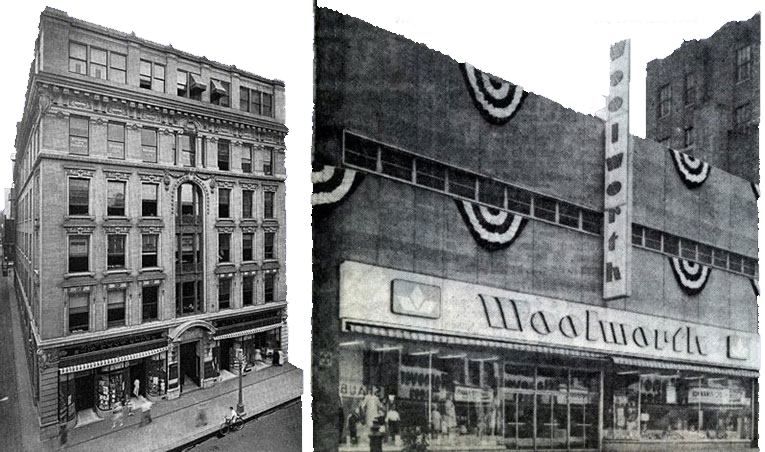 Woolworths in Lancaster PA - 1940 and 1960. This was called progress!