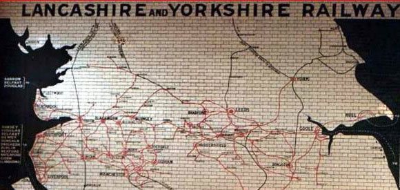 A map of the Lancashire and Yorkshire Railway from the wall of Manchester Victoria station.  The railway provided a shortcut for F. W. Woolworth goods from continental Europe to the reshipping warehouse in New York City