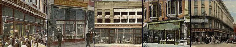 The five five and ten cent store chains that disappeared as a result of the $65 million dollar merger that formed F. W. Woolworth Co. in 1912 - F.M. Kirby, S.H. Knox, E.P. Charlton, C.S. Woolworth and W.H. Moore