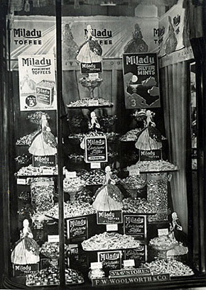 Milady brand mints and toffees - sold on the pic'n'mix counter at Woolworths in the 1930s, and featured in this elaborate window display