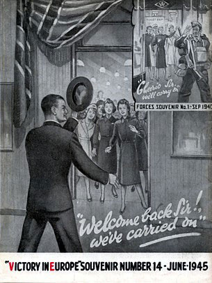 "Welcome home Sir, we've carried on" - a Woolworth store celebrates their Manager's safe return from World War II in this illustration for the Staff Magazine.