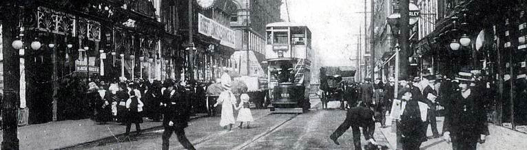 Oldham Street, Manchester in 1909, home to one of the early M & S Penny Bazaars. (Lewis's Brand card from the late and lamented Lewis's Dept Store in Manchester)