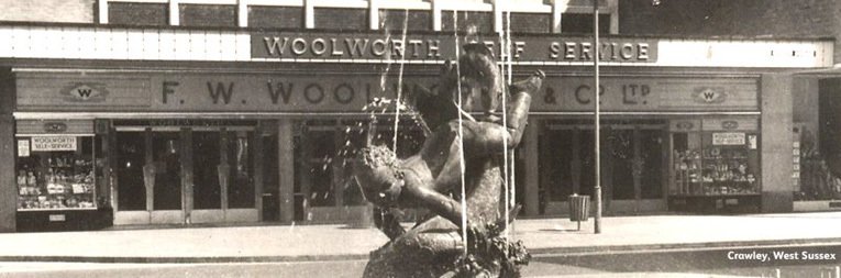 Queen's Square Crawley, the largest self-service Woolworth store of the 1950s.  The branch had been relocated from smaller premises in the High Street to reflect the fact the rapidly expanding population locally after Crawley was designated a 'new town' by the British Government.