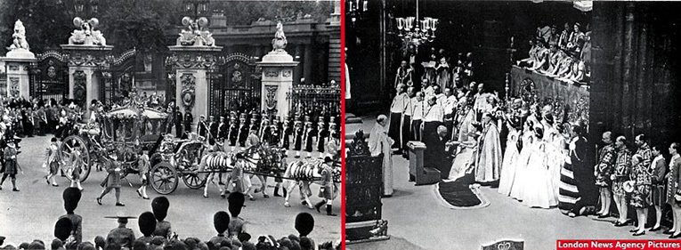 The Queen leaves Buckingham Palace for Westminster Abbey en-route for the Coronation (left) and The Moderator of the General Assembly of the Church of Scotland presenting the Holy Bible to the Queen (right). Images courtesy of the London News Agency, reproduced from the New Bond magazine.
