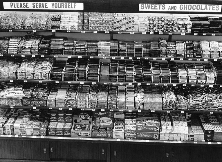 Many familiar 21st century confectionery brands first went on sale during the 1950s. This close-up picture dates from 1956.