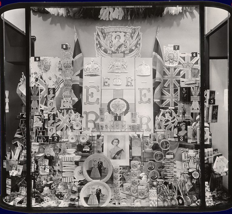 1953 Coronation Window display at Woolworth's, featuring everything needed for a street party or a home celebration.