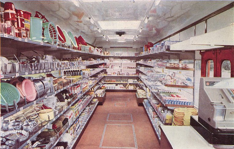 The 'salesfloor' of the Woolworths mobile shop (a single decker AEC Reliance bus), pictured in 1958