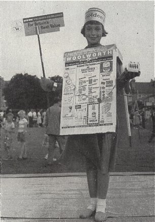 A walking advertisement for the Woolworth Golden Jubilee sale in 1959 by Miss June Smith, daughter of National Cash Register's representative to the company