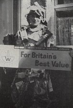 This boy, a customer of the Ulverston, Cumbria store, clad from head to toe in Woolworth merchandise and carrying a banner promoting "Britain's best value at Woolworths" walked away with first prize in the Gosforth Fancy Dress Parade