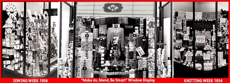 Haberdashery, wool and 'notions' featured strongly in these Woolworth window displays from 1954.