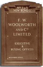 Nameplate from F.W. Woolworth & Co's Head Office ("EO") in London.  The Mayfair address was the firm's home for thirty years from 1929 to 1959