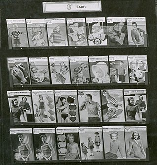 A display of threepenny knitting patterns at Woolworth's in around 1950