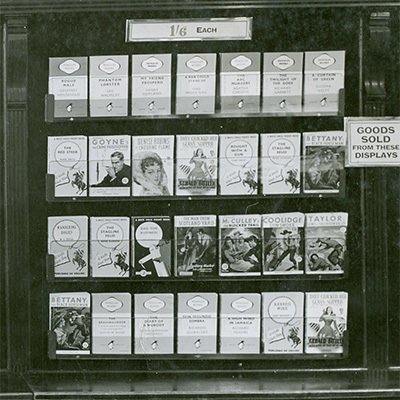 Penguin and other paperback books in-store in 1950. At one shilling and sixpence the price had trebled over a ten year period.