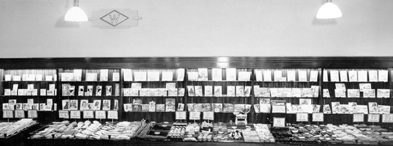 A display of greeting cards on stylish new counters in the first Woolworth store to open after World War II in Weybridge, Surrey in 1946