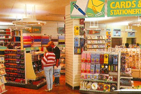 Brightly coloured new-look displays of cards and stationery in an 'Operation Focus' comparison store in 1987
