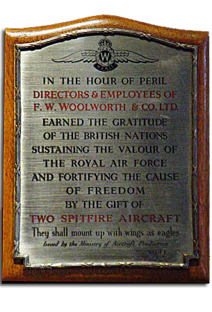 A commemorative plaque, awarded by the Ministry of Aircraft Production to Woolworths Directors and Colleagues in 1940 for their role in the Battle of Britain