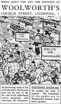 What you can't get for sixpence at Woolworths.  Extracted from a cartoon by students from Liverpool University in 1934.  Among the items you can't buy are socks that don't smell, hot water bottles for cold knights (sic) and pins for pricking.